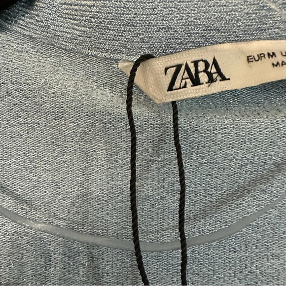 Zara Button Front Ruched Cutout Long Sleeve Light Blue Sparkle Top Size M NWOT - Picture 6 of 9